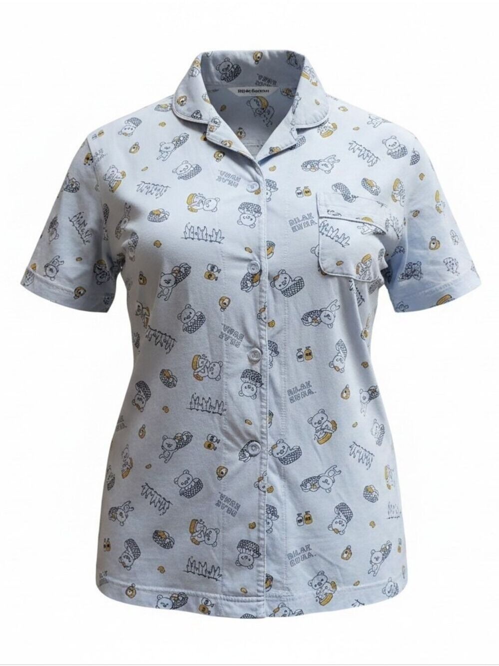 Rilakkuma San- X Light Blue Short Sleeve Button Pajama Top Women's Size Large